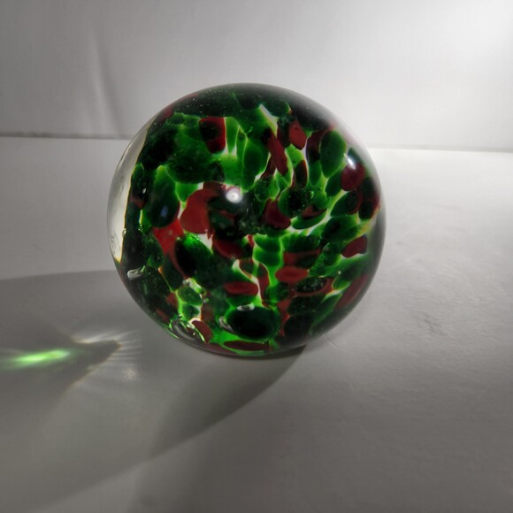 Blown Glass Paperweight Clear over Green Red Christmas Colors 3 in. - Picture 5 of 6